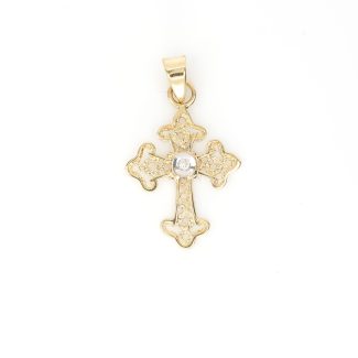 Pandantiv cruce din aur galben de 14k, cu detalii filigranate și zirconiu central