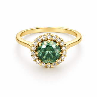Inel aur 14K cu moissanite albastru și diamante naturale – model halo lux